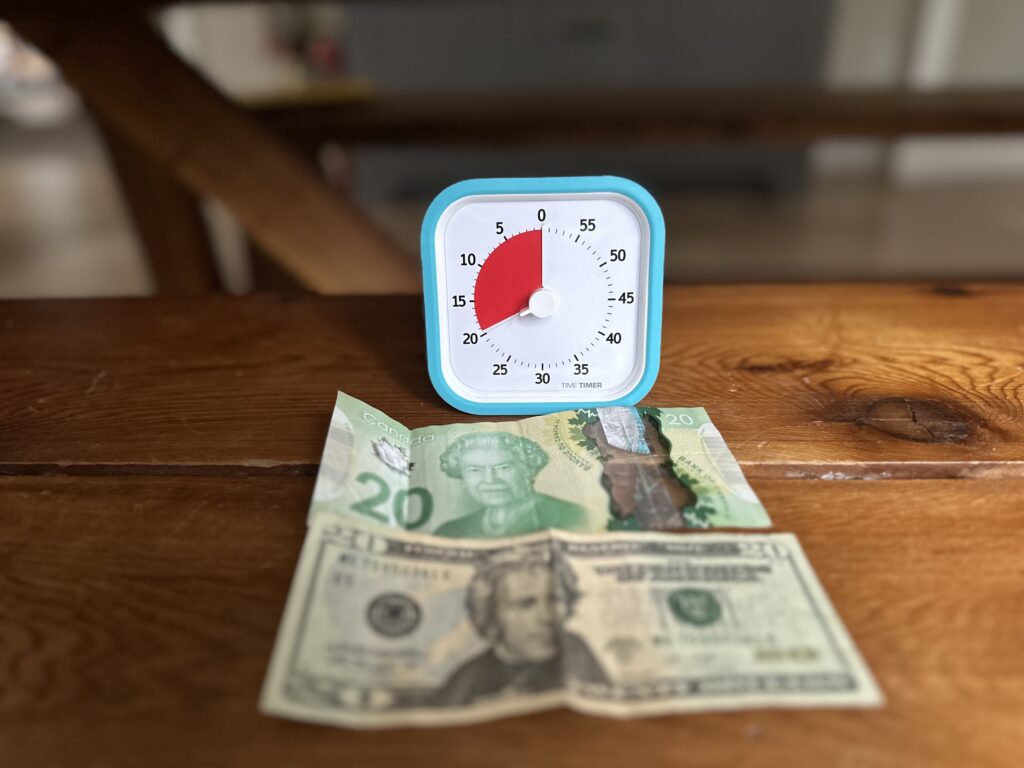 20 minute timer with a $20 Canadian bill and a $20 American bill are helpful in using the 20/20/20 rule