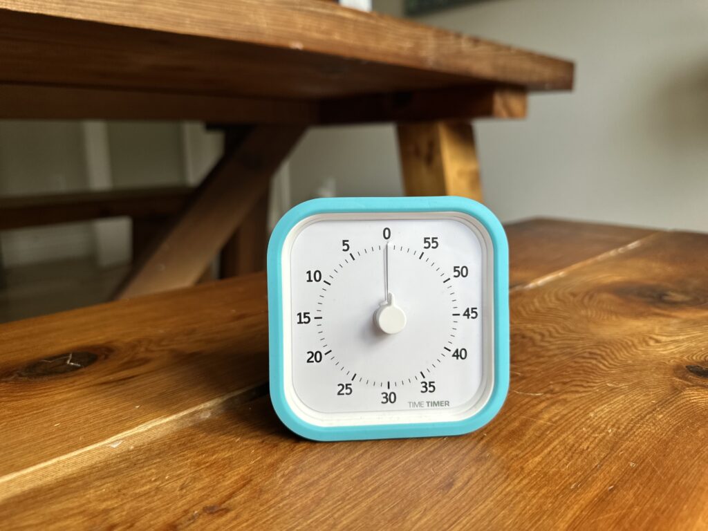A timer on a bench is a great tool when decluttering