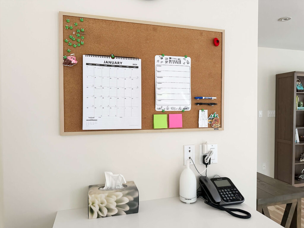 kitchen desk bullet board calendar meal planner on family command center. This is a great adhd hack for a cleaner home