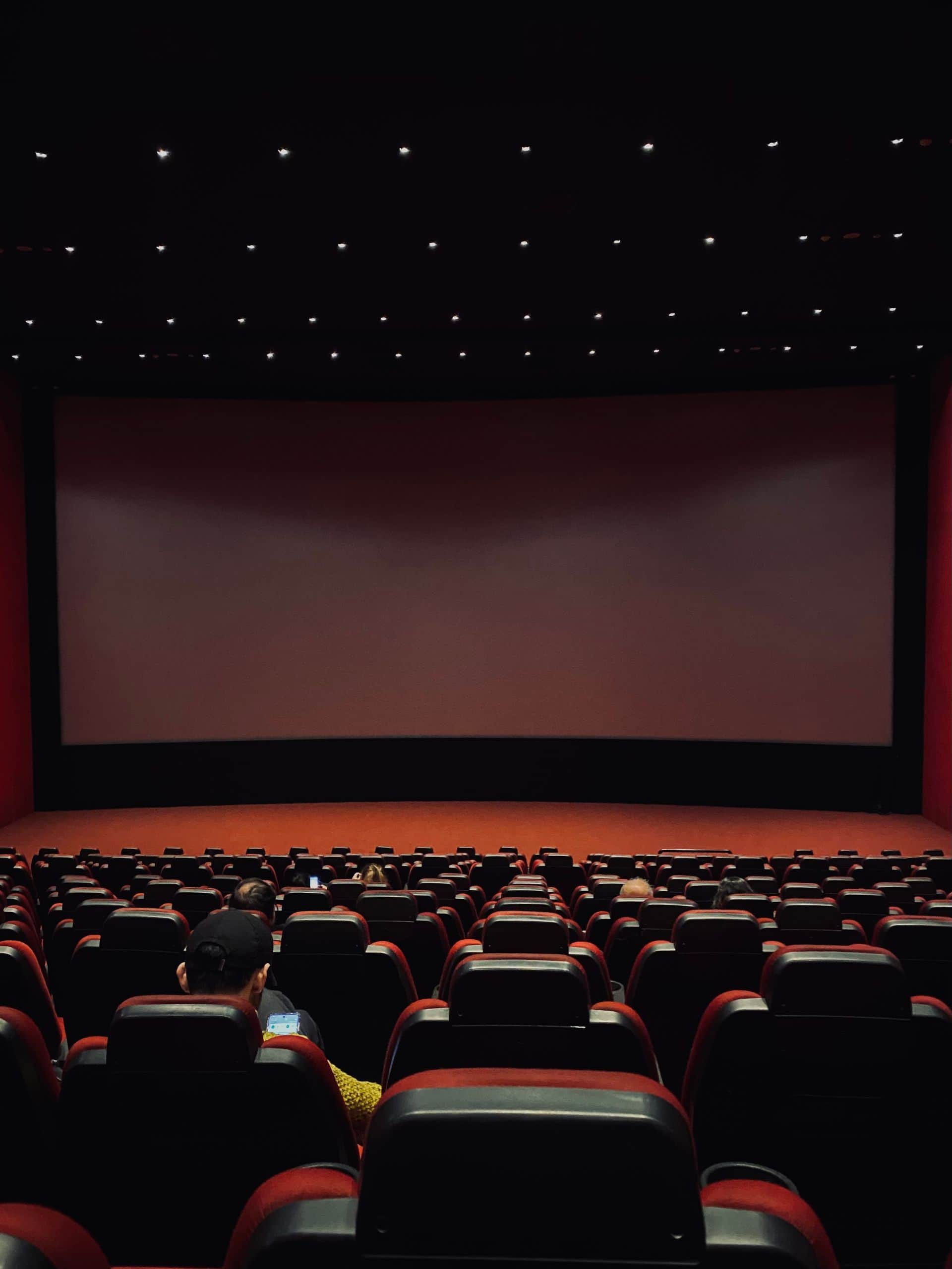 Dimly lit cinema hall with red seats and a blank screen. Minimal audience.